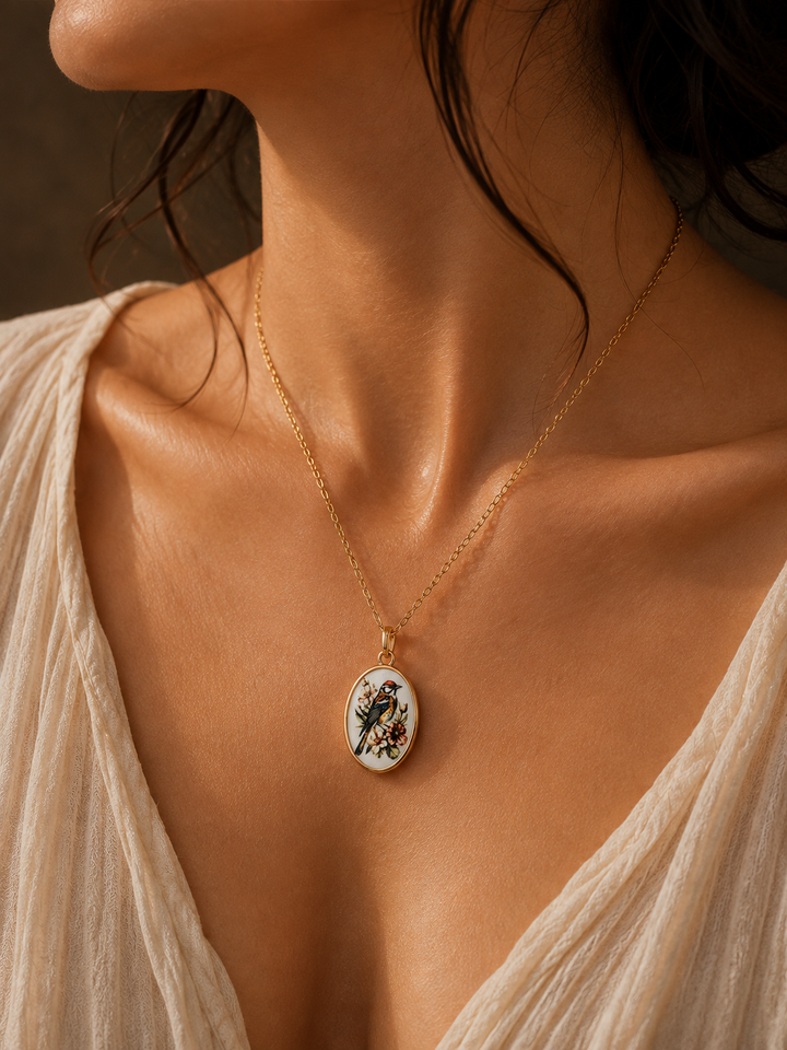 Gol o Morgh – Hand-Painted Ceramic Bird & Flower Necklace