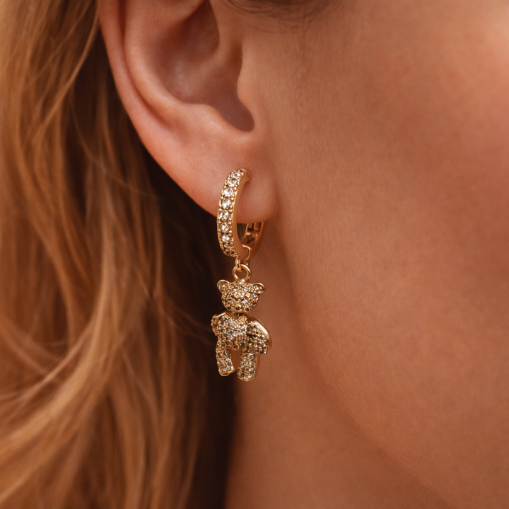 Crystal Teddy Charm Hoop Earring – Brass Gold Plated