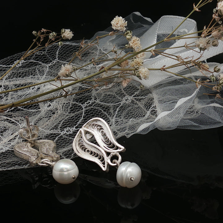 Persian Fritillaria – Zanjan filigree Malileh Pearl handmade Iranian Earrings (999 Silver)