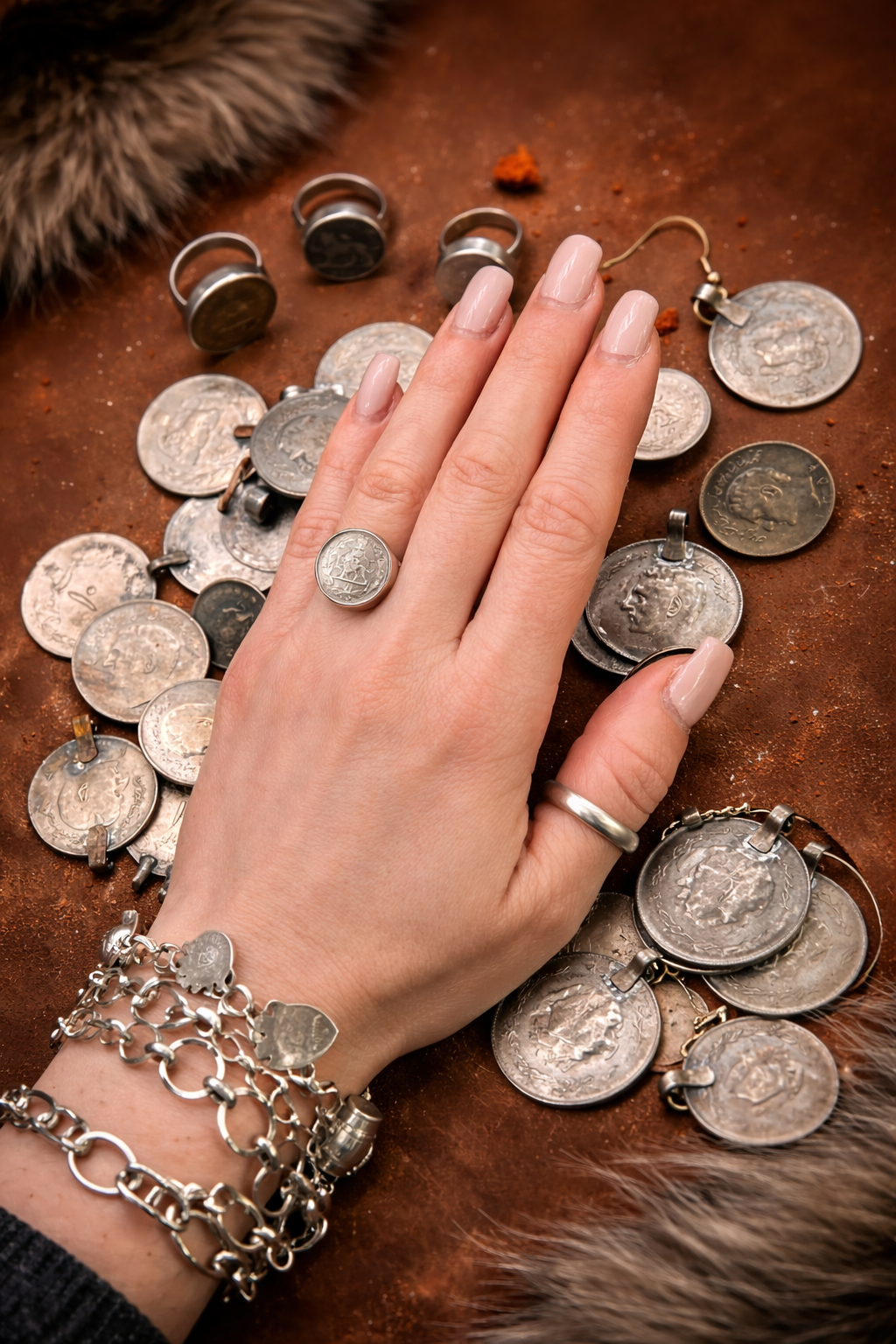 Shir-o-Khorshid Sovereign silver Coin Ring Persian Crown of Light ربعی ۱۳۱۵ سکه پهلوی نقره