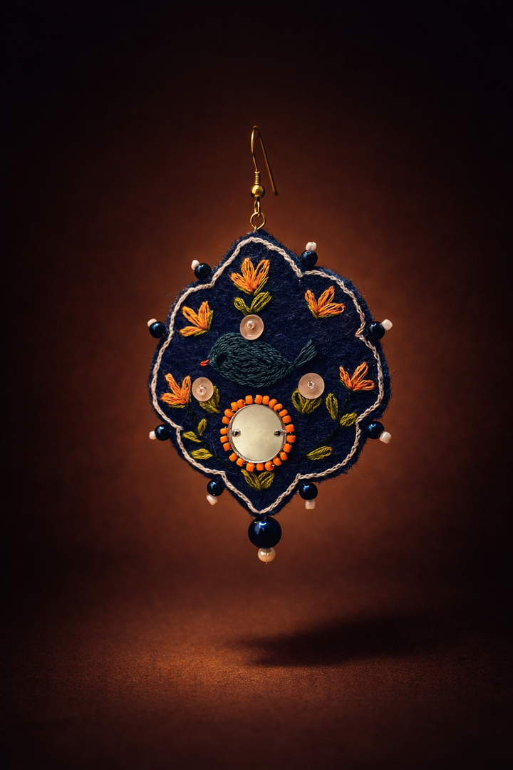 Chehcheh – The Song of Nature embroidered felt & Mirror earring 8cm length