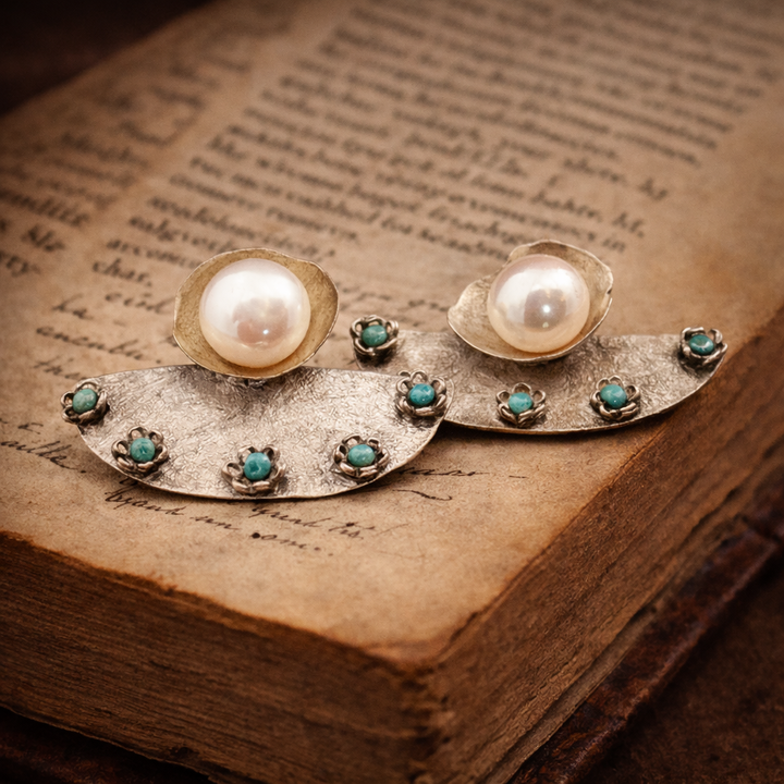 Whispers of the Sea & Sky| Handcrafted Pearl & Turquoise Silver Earrings – Iranian Artisan Statement Jewelry | Maralkunst Oslo