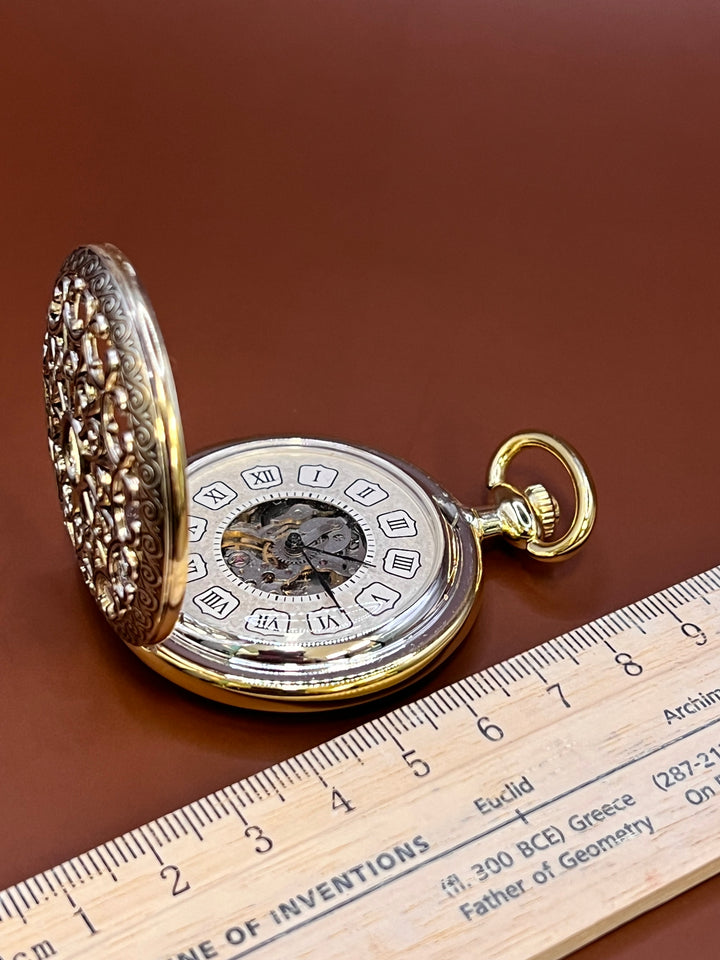 “Royal Gears” Vintage Skeleton Pocket Watch – Golden Filigree Edition