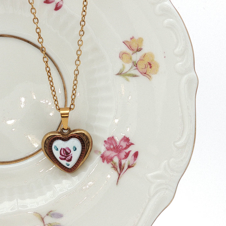 Porcelain Rose Heart – Ceramic Heart Pendant Necklace in Gold-Filled Stainless Steel