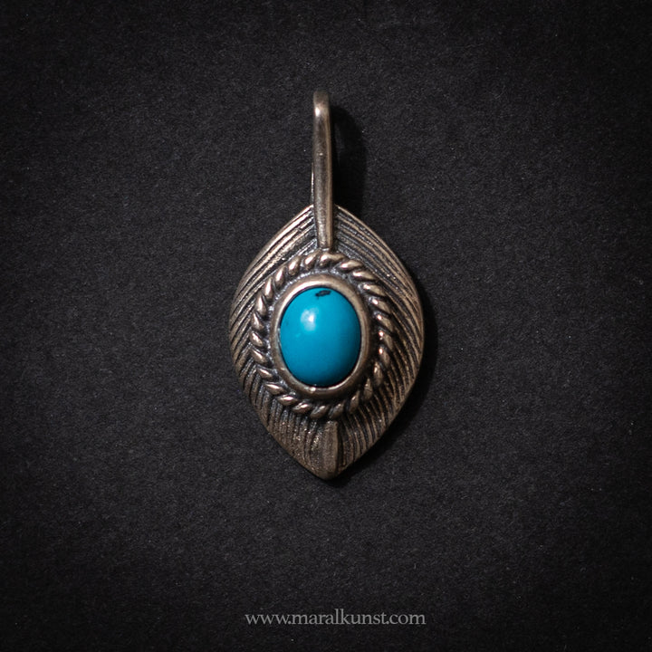 Turquoise feather Asian sterling silver pendant