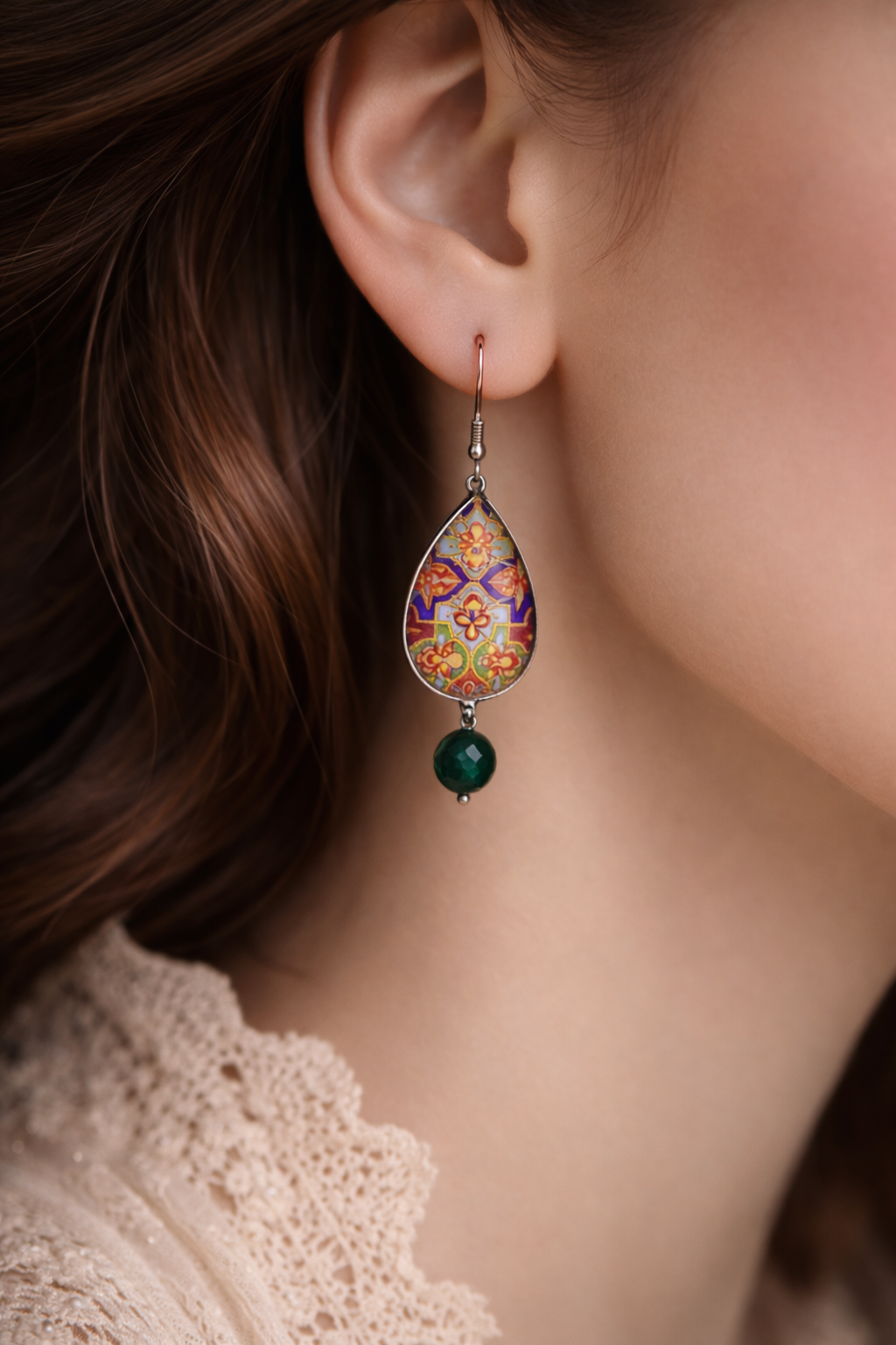 Persian Tile Teardrop Earrings –Necklace