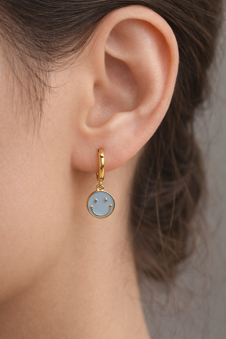 Minimal Happy Smiley Enamel Hoop Earrings – Gold Plated Silver
