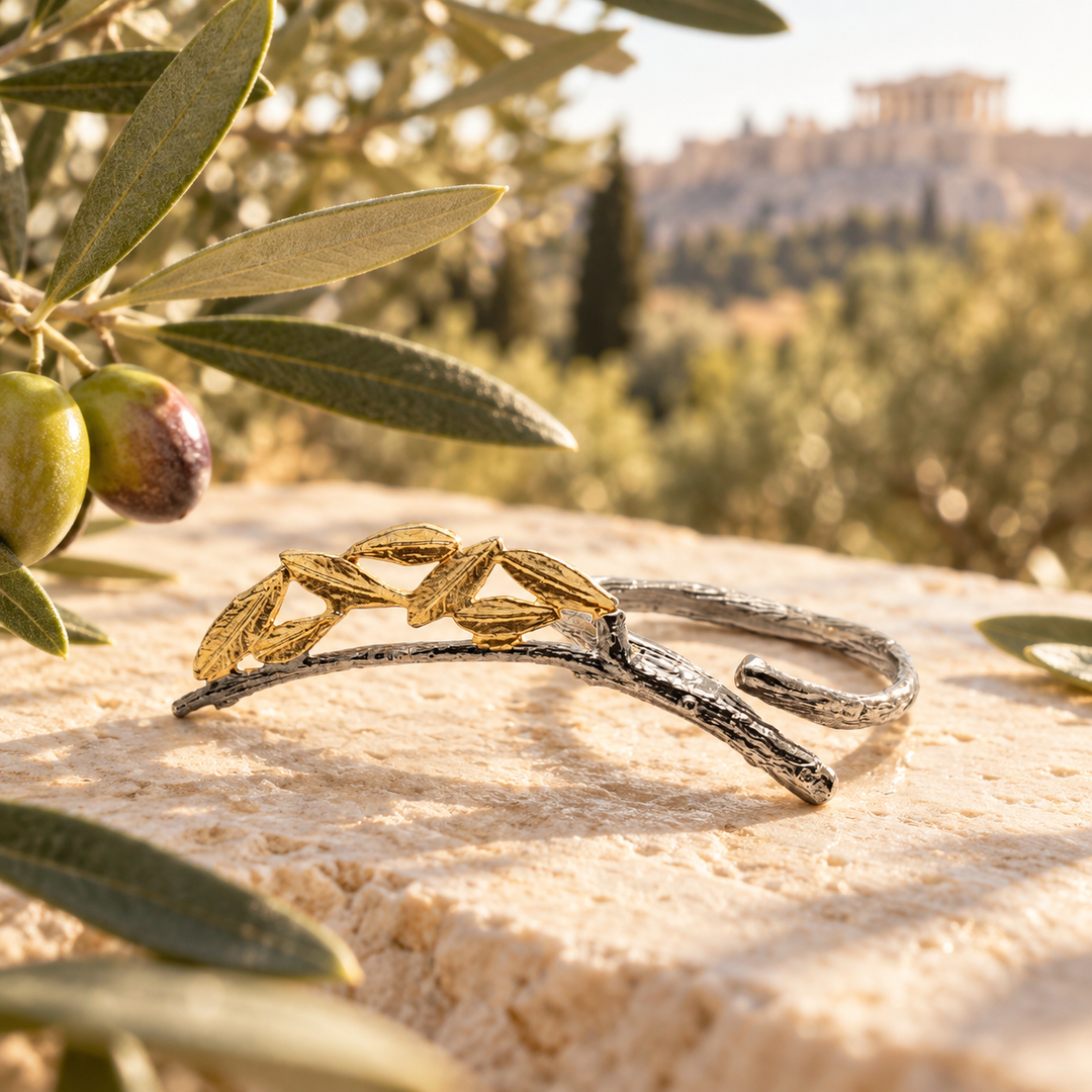 Athena Olive Branch Ring – Handmade Oxidised Silver & Gold-Plated Leaves