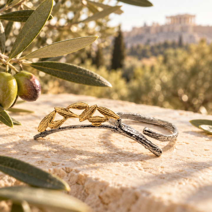 Athena Olive Branch Ring – Handmade Oxidised Silver & Gold-Plated Leaves