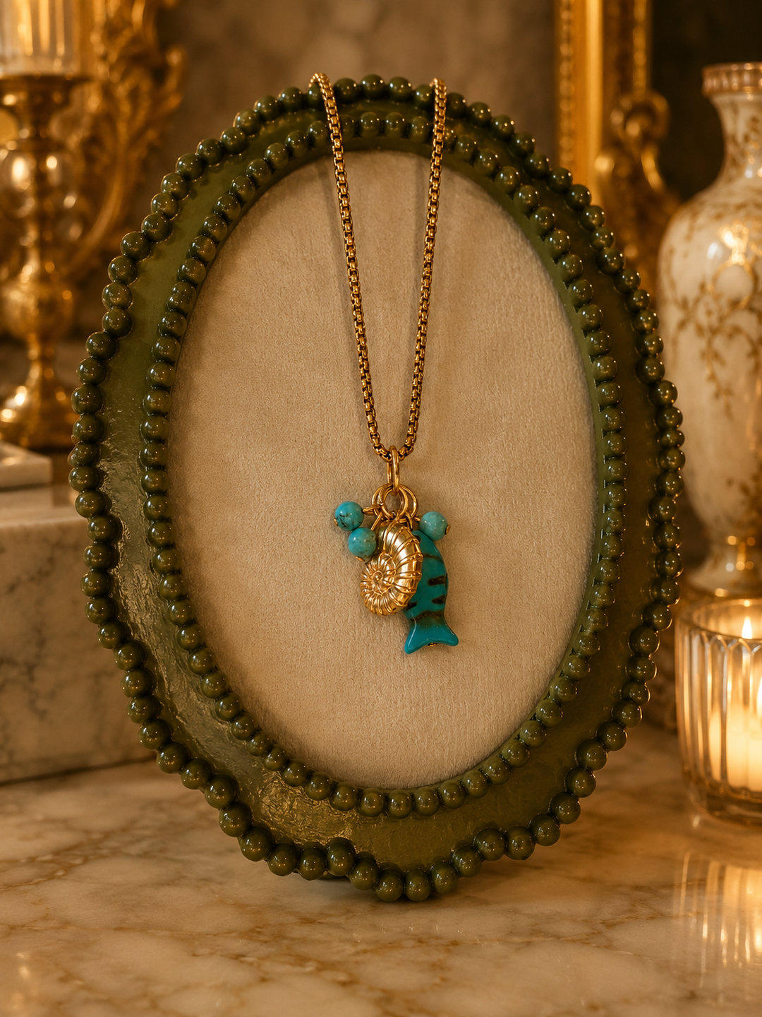 Maral Design Turquoise Fish & Shell Necklace – Ocean-Inspired Gold PVD Stainless Steel Charm Necklace