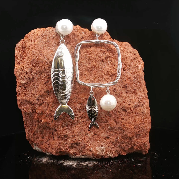 Jaryan Earrings Fish & Pearl — Limited Edition Silver Art Jewelry | premium Collection , Certificate of authenticity