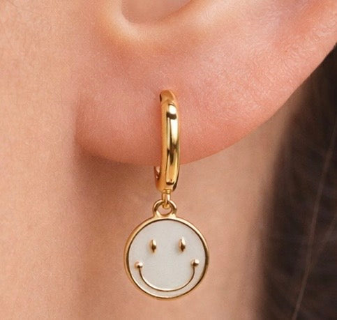 Minimal Happy Smiley Enamel Hoop Earrings – Gold Plated Silver
