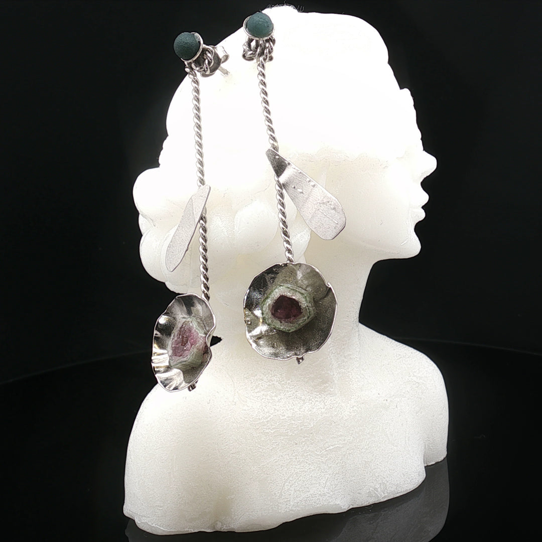 Petals in Motion Earrings |  Handmade 925 Silver with Grape Agate & Watermelon Tourmaline | Iranian Artisan Jewelry
