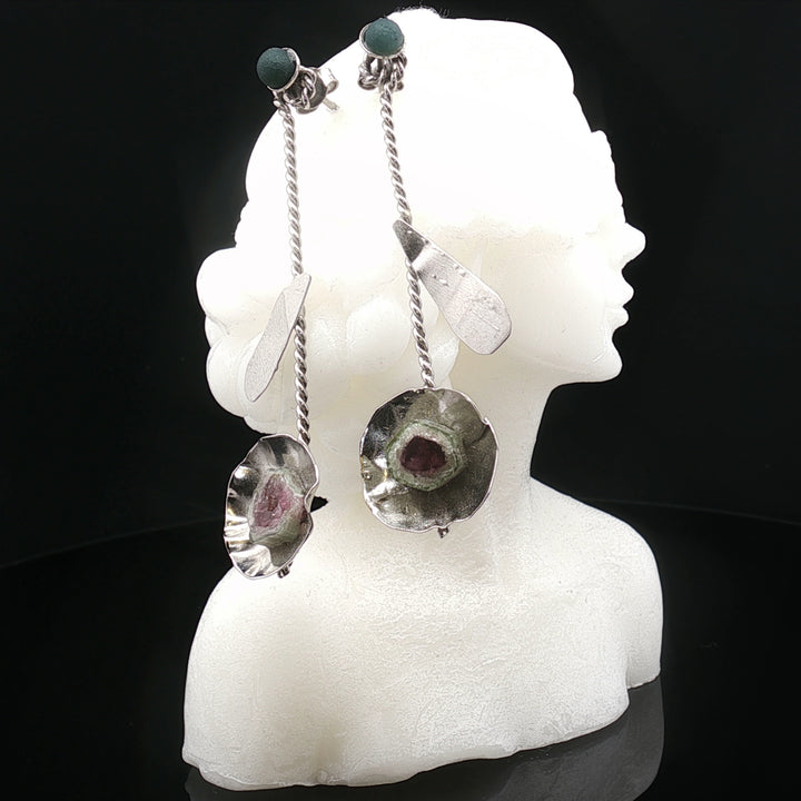 Petals in Motion Earrings |  Handmade 925 Silver with Grape Agate & Watermelon Tourmaline | Iranian Artisan Jewelry