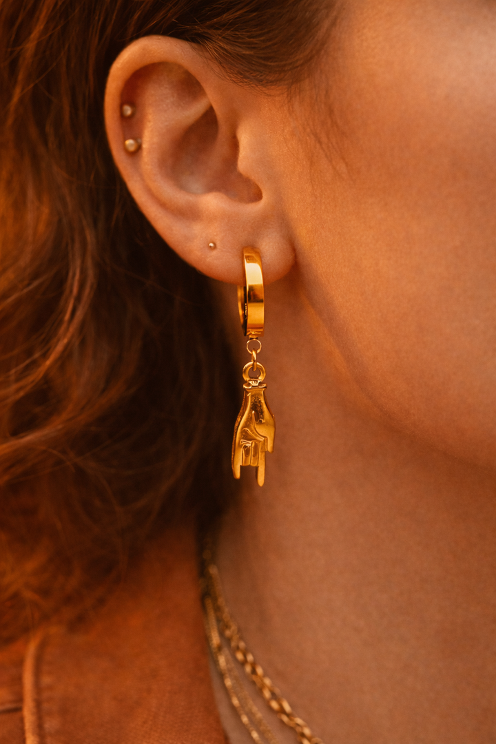 Rock Hand Sign Huggie Earrings – Gold Stainless Steel Rock 🤘 Symbol | Maral Design