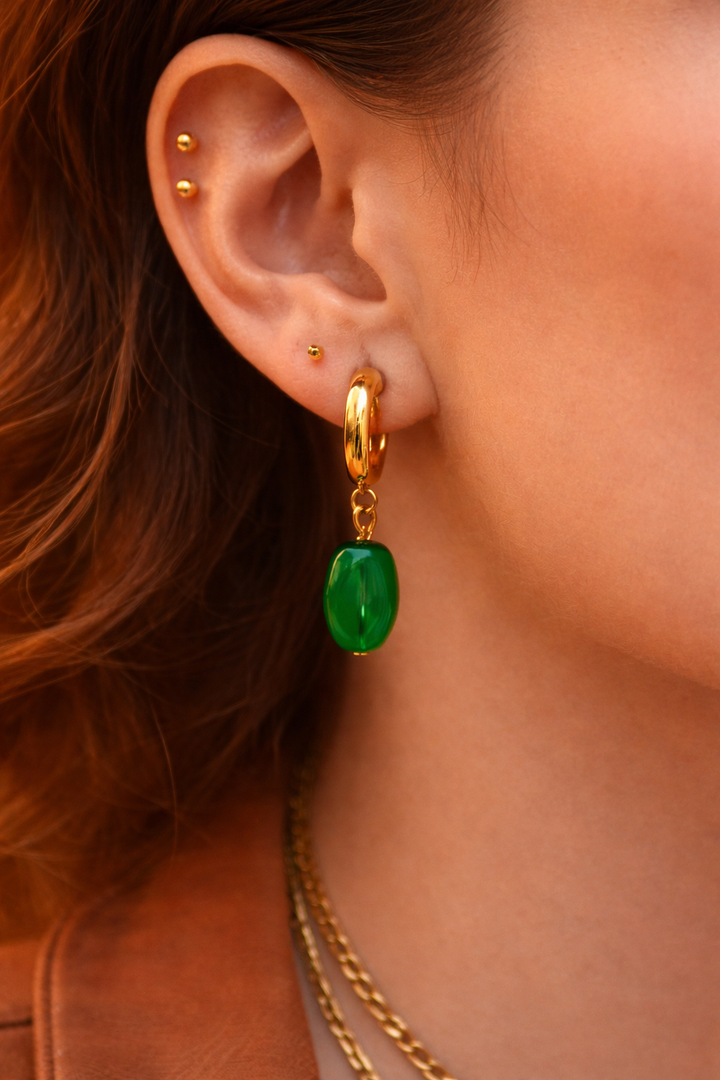 Minimal Green Drop Huggie Earrings – Gold Stainless Steel Hoop with Polyamide Bead | Maral Design