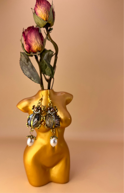 Gilded Scarab – Statement Earrings with Pearls & Crystals