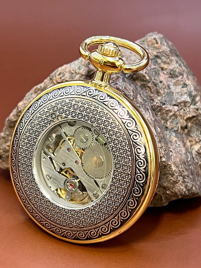 “Royal Gears” Vintage Skeleton Pocket Watch – Golden Filigree Edition