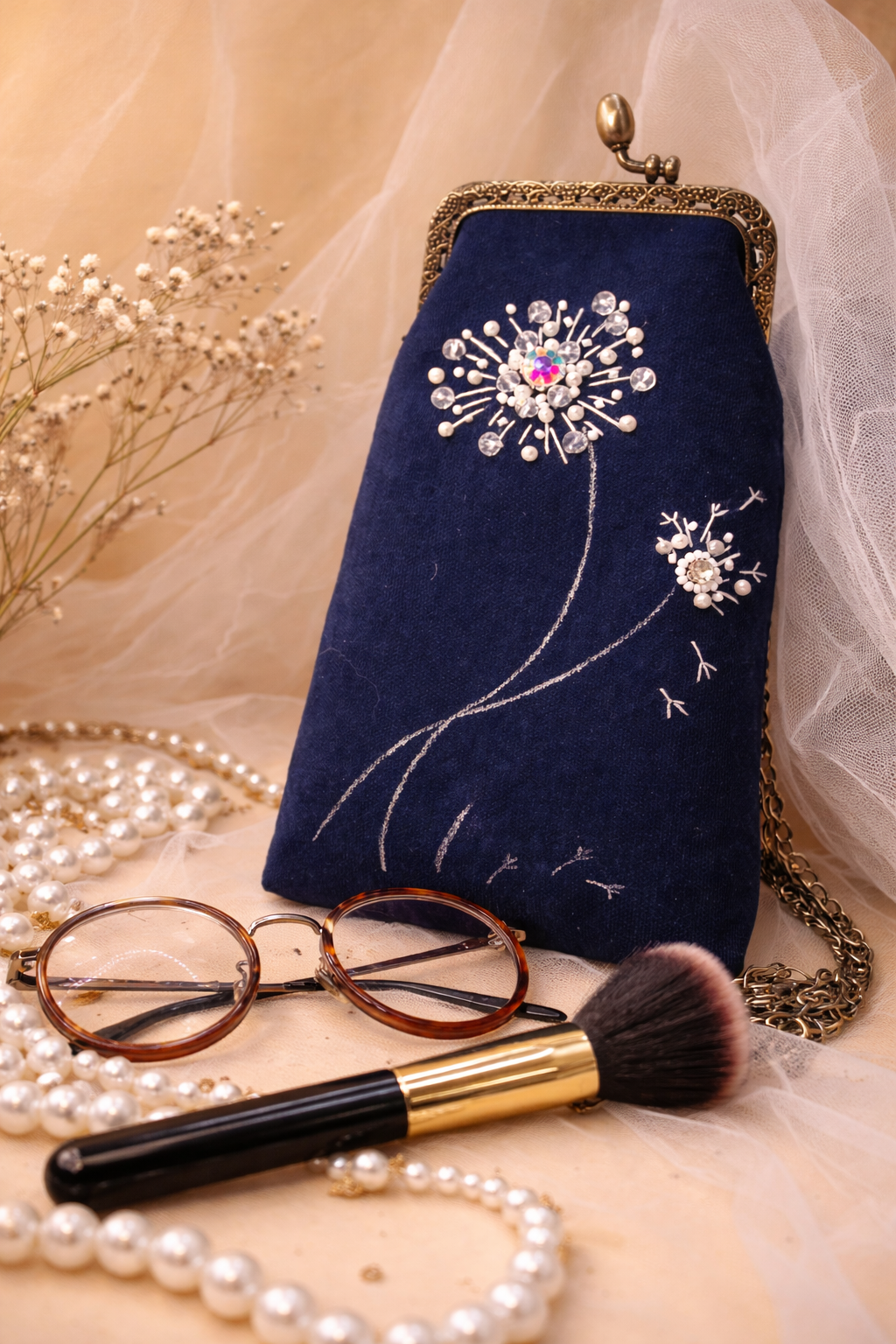 Dandelion Wish – Hand-Embroidered Pearl & Crystal Pouch 20x12 cm