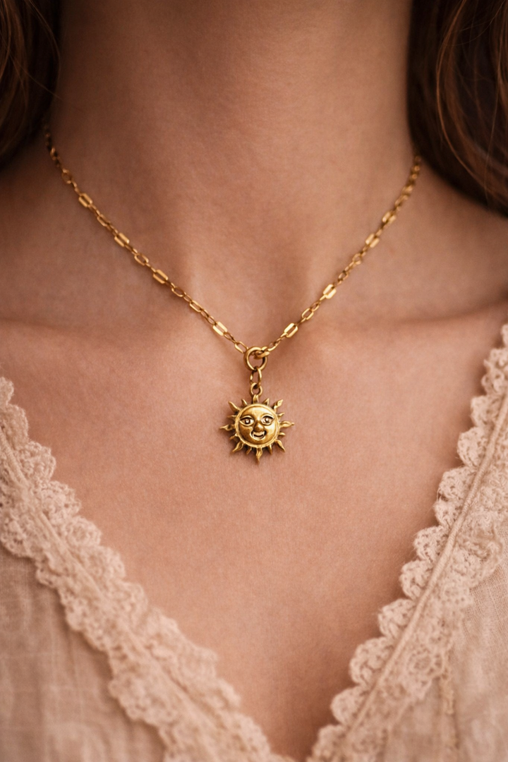 Solar Muse – Vintage Sun Pendant Necklace She doesn’t chase the light. She is the light.