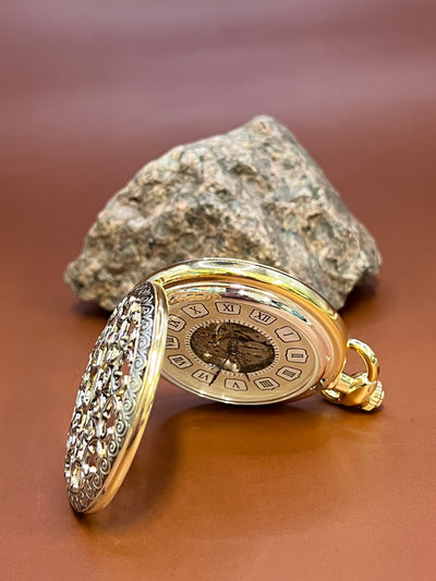 “Royal Gears” Vintage Skeleton Pocket Watch – Golden Filigree Edition