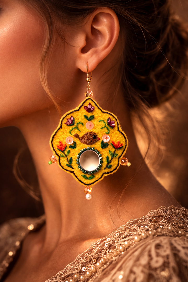 Chehcheh – The Song of Nature embroidered felt & Mirror earring 8cm length