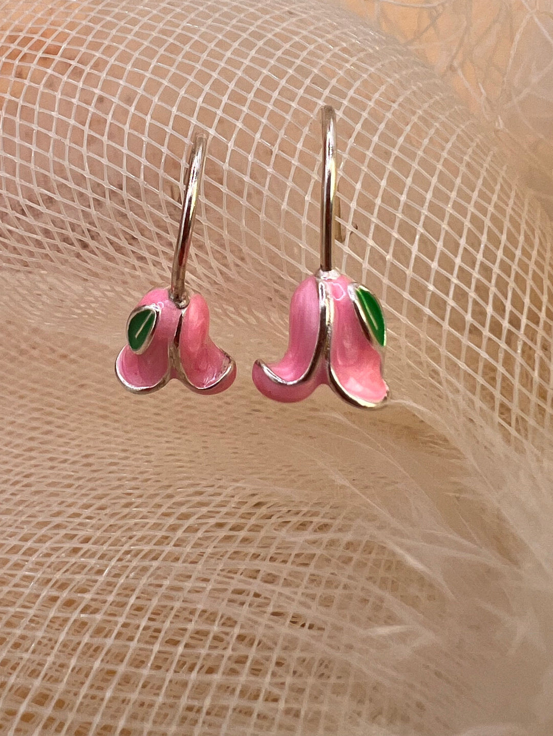 Pink Rose Hook Earrings – Enamel Flower Drop Earrings – Minimal Romantic Jewelry| sterling silver
