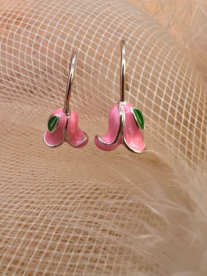 Pink Rose Hook Earrings – Enamel Flower Drop Earrings – Minimal Romantic Jewelry| sterling silver