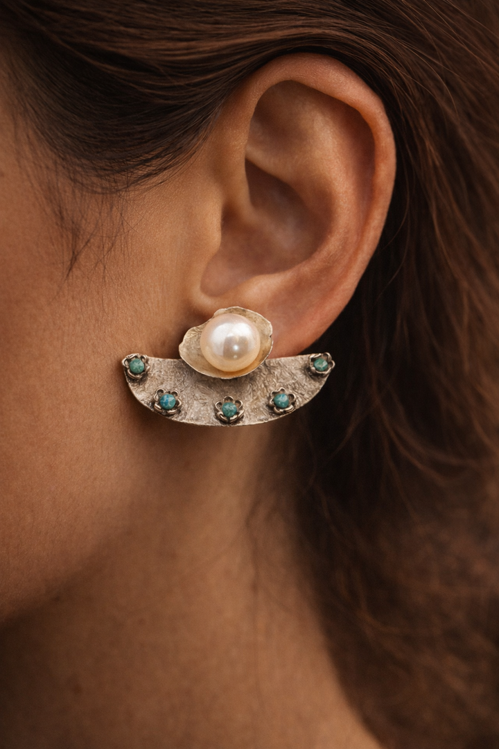 Whispers of the Sea & Sky| Handcrafted Pearl & Turquoise Silver Earrings – Iranian Artisan Statement Jewelry | Maralkunst Oslo