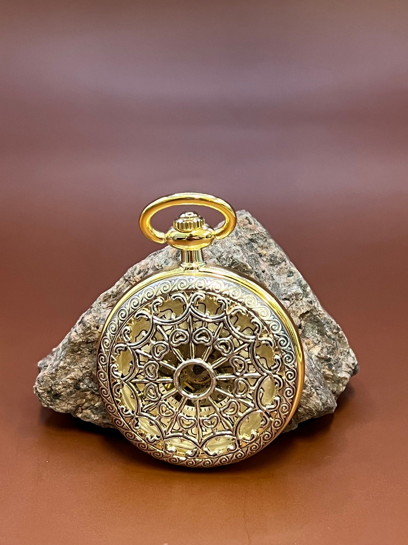 “Royal Gears” Vintage Skeleton Pocket Watch – Golden Filigree Edition