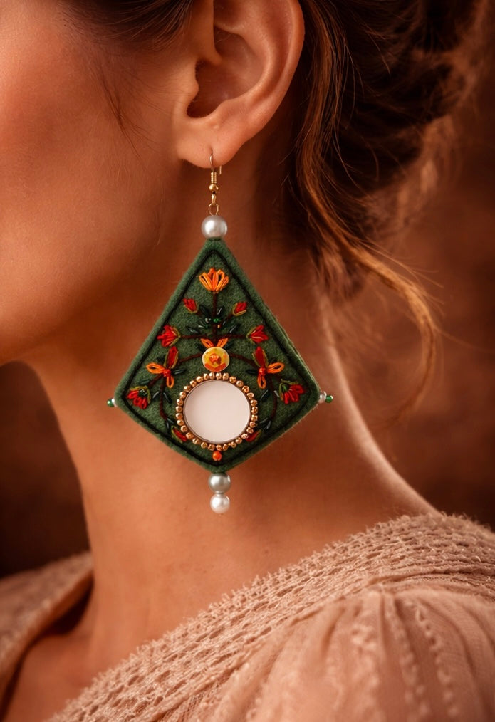 Jelveh – The Radiance Mirror Earring| Felt mirror embroidery 7 cm length