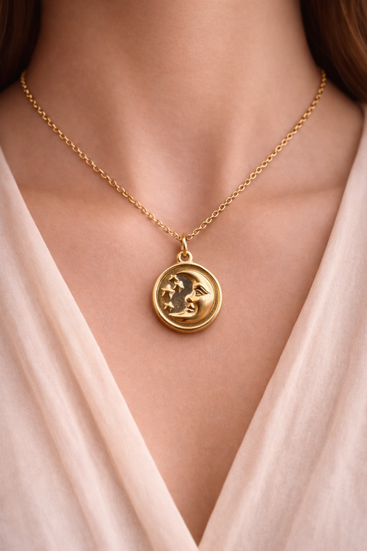Nordic Moon & Stars Necklace – Minimal Scandinavian Crescent Pendant in Stainless Steel