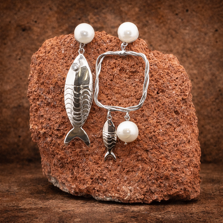 Jaryan Earrings Fish & Pearl — Limited Edition Silver Art Jewelry | premium Collection , Certificate of authenticity
