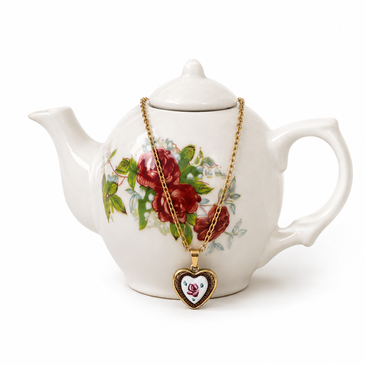 Porcelain Rose Heart – Ceramic Heart Pendant Necklace in Gold-Filled Stainless Steel