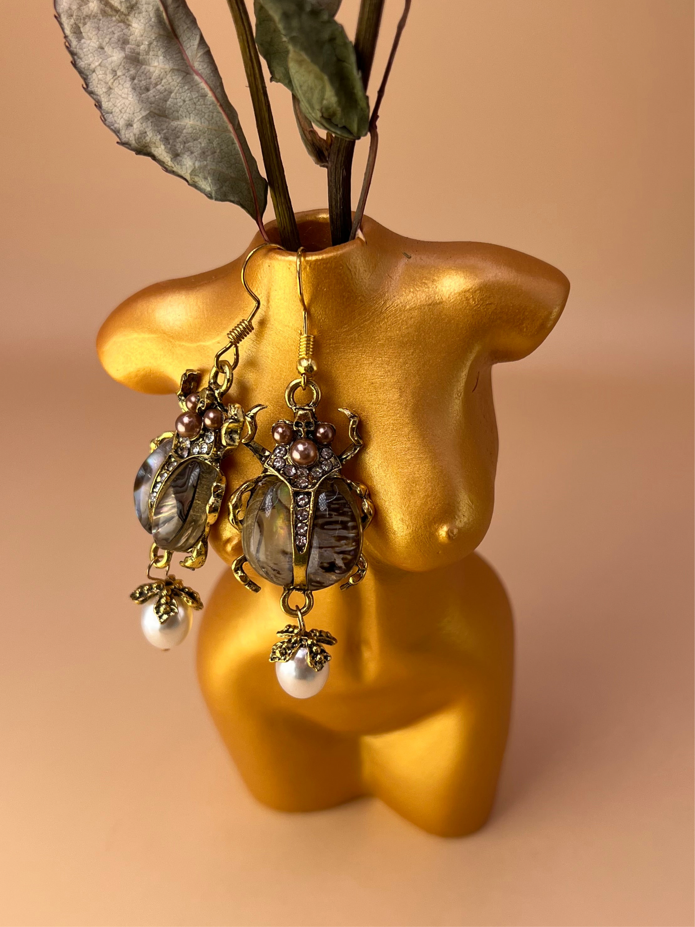 Gilded Scarab – Statement Earrings with Pearls & Crystals