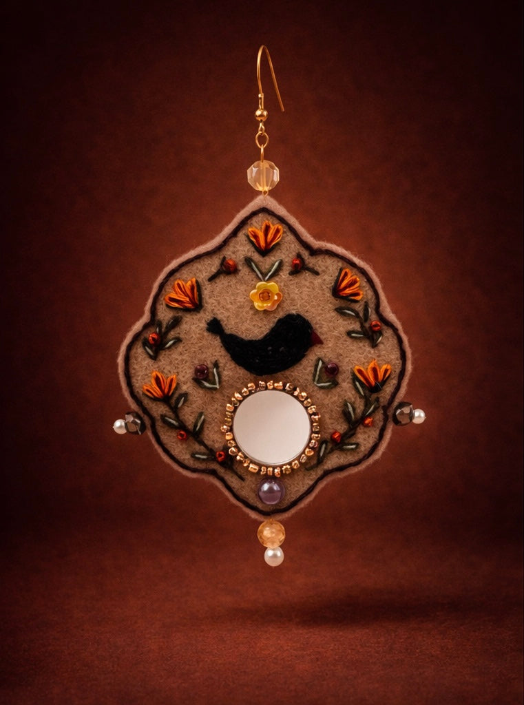 Chehcheh – The Song of Nature embroidered felt & Mirror earring 8cm length