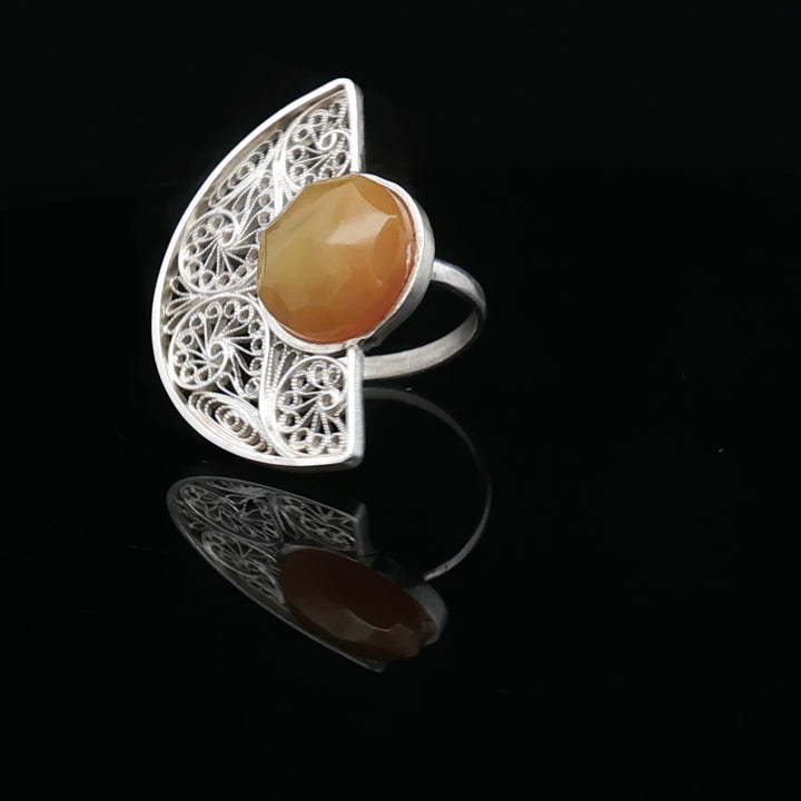 Ring of Truth — Persian Filigree Sun & Earth  yellow Agate 999 sterling silver “Truth does not shout — it glows quietly, like the sun held in silver.”