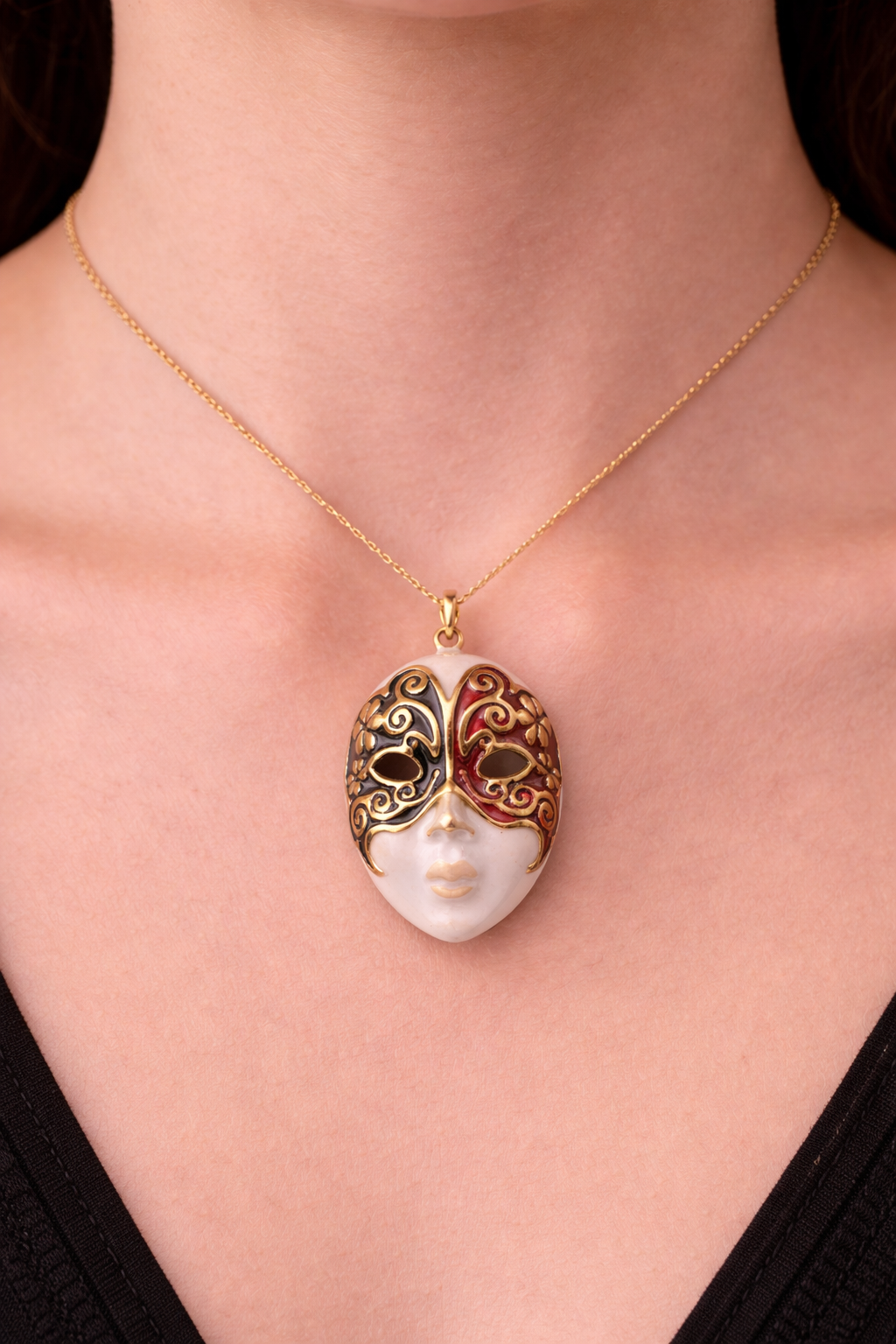 Venetian Noir Mask Necklace – Art Deco Enamel Pendant Behind every mask, there is a story untold.
A mystery. A fire. A silent power.