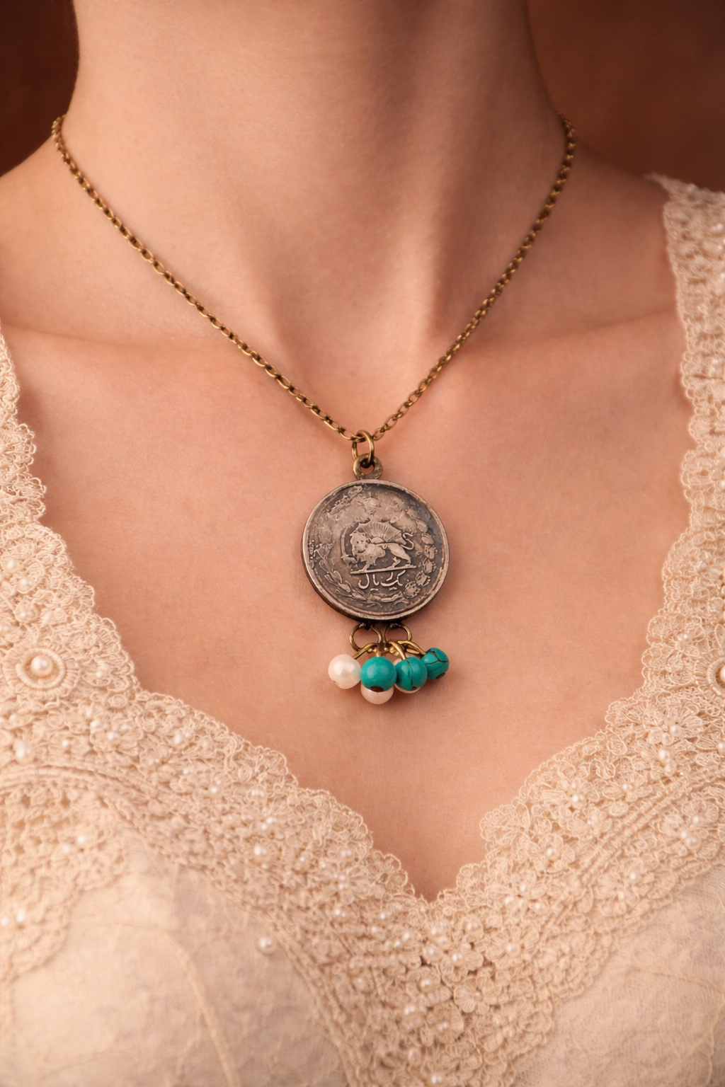 Lion & Sun Persian 1 Rial Pahlavi Coin Necklace – Turquoise & Pearl