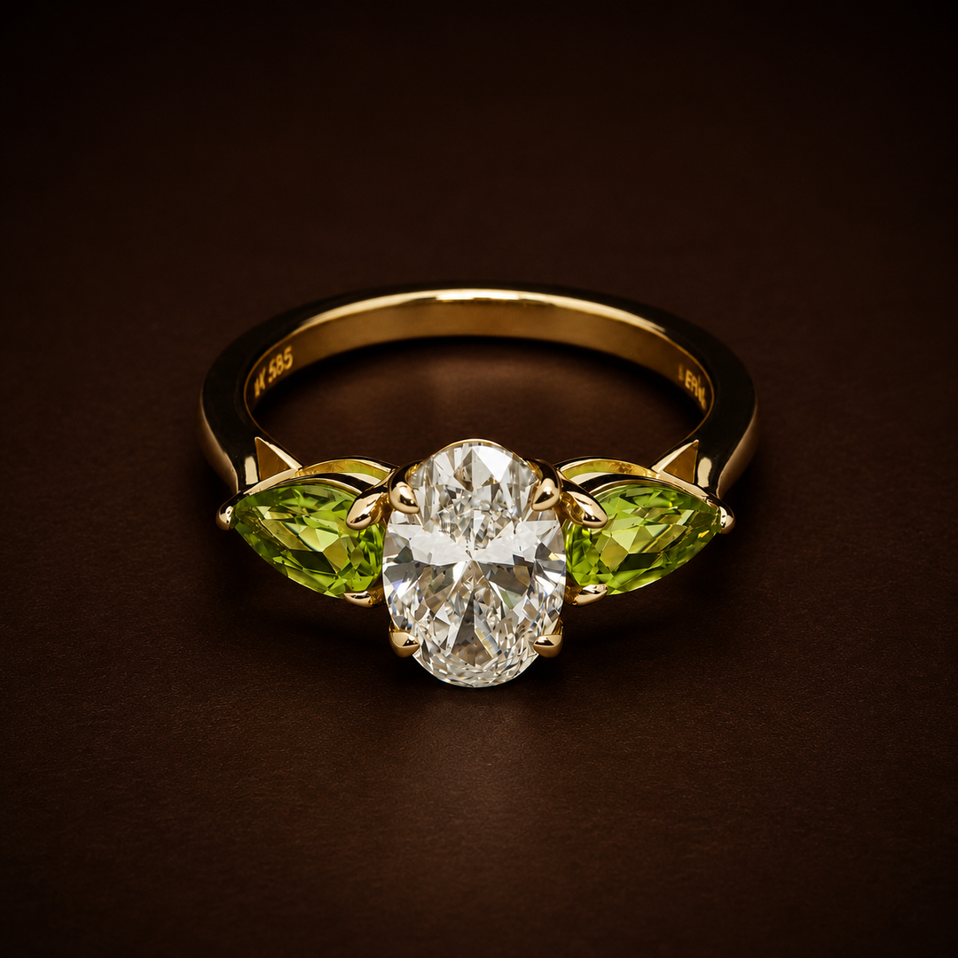 Oval Lab-Grown Diamond Engagement Ring with Natural Peridot | Custom Made in 14K Gold