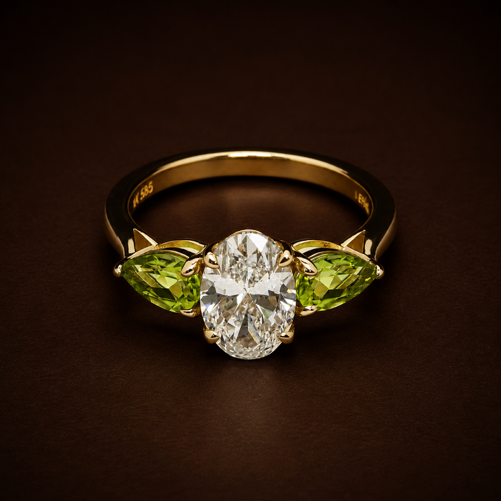 Oval Lab-Grown Diamond Engagement Ring with Natural Peridot | Custom Made in 14K Gold