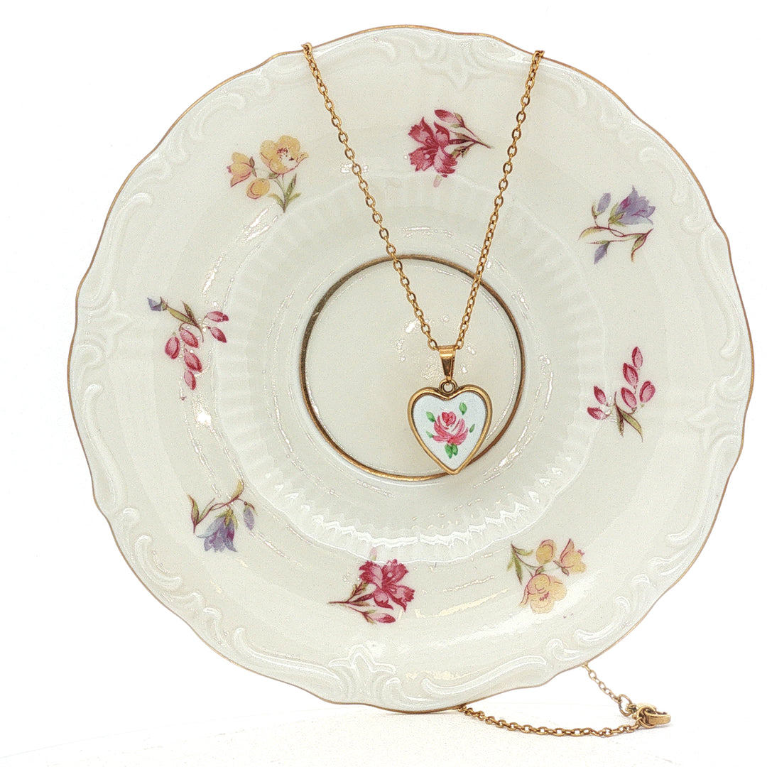 Porcelain Rose Heart – Ceramic Heart Pendant Necklace in Gold-Filled Stainless Steel