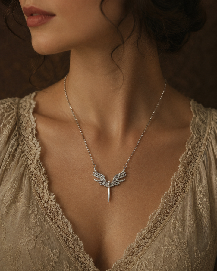 Winged Spirit Necklace – Stainless Steel Crystal Wing Pendant
