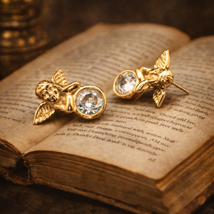 Cherub Angel Stud Earrings – Gold Stainless Steel Crystal Earrings