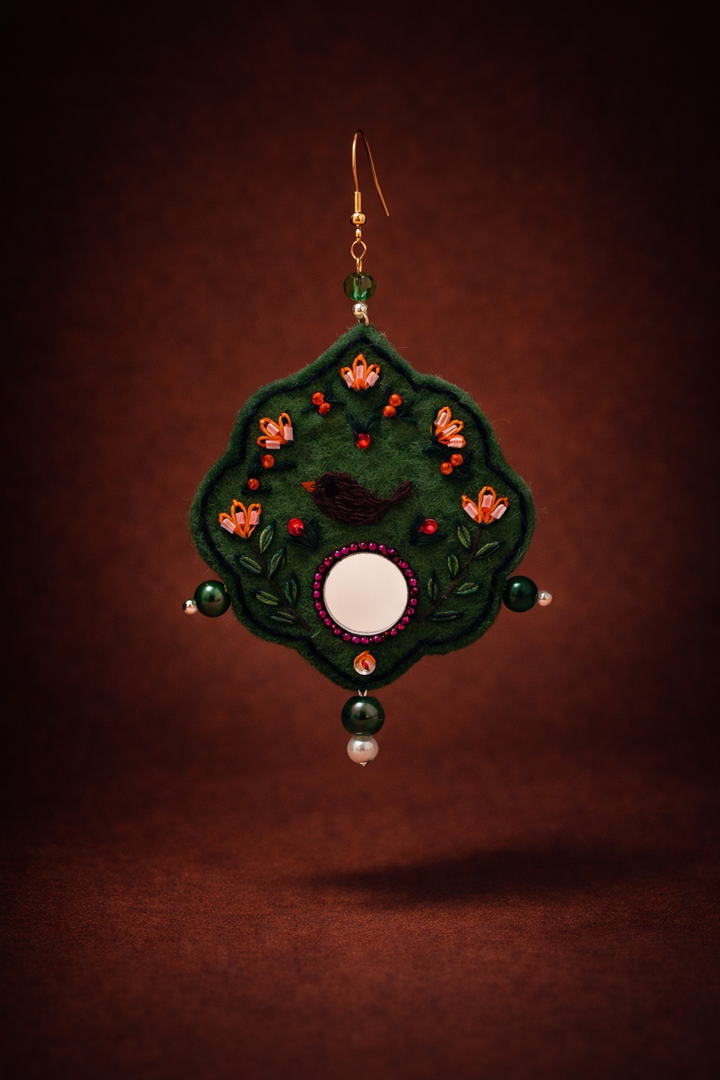 Chehcheh – The Song of Nature embroidered felt & Mirror earring 8cm length