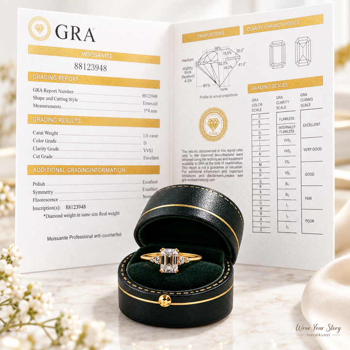 Golden Promise |GRA Certified Emerald Cut Moissanite Ring in GoldPlated Sterling Silver