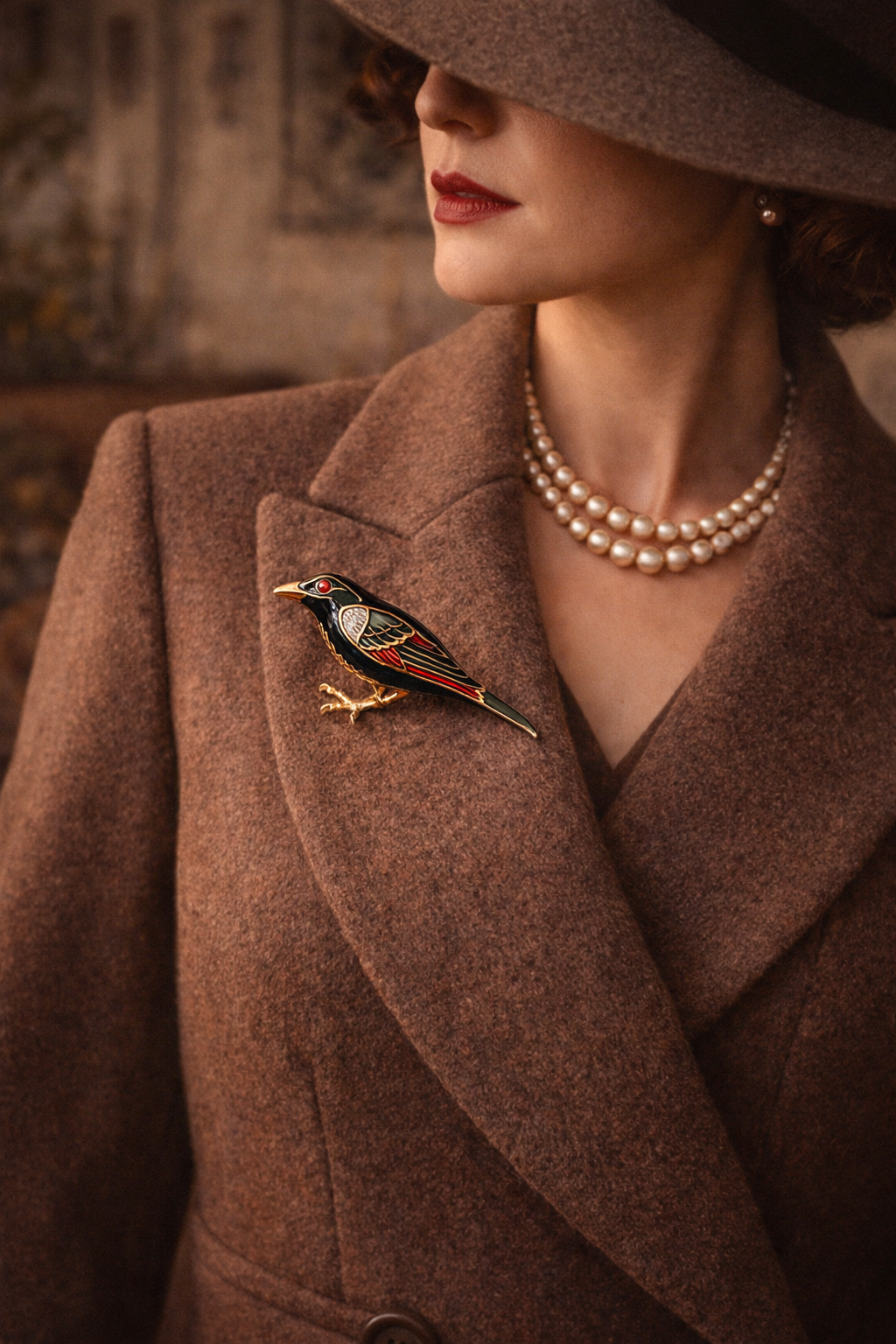 “Scarlet Finch” – Vintage Enamel Bird Brooch “Not perched — but poised,
grounded in gold, ready for flight.”