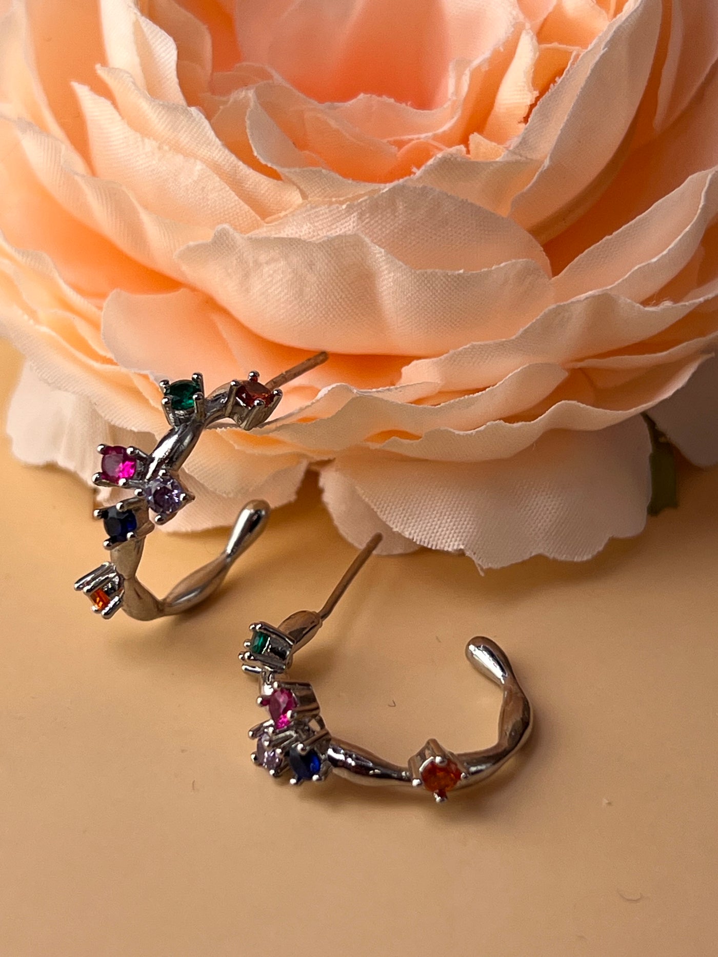 Celestial Curve – 925 Silver Earrings with Multicolour Zirconia