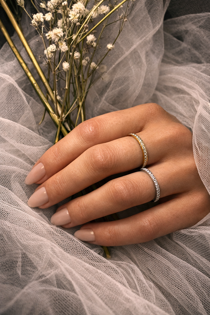 Minimalist Eternity Engagement Bands – Zirconia Pavé in Gold & Silver Finish
