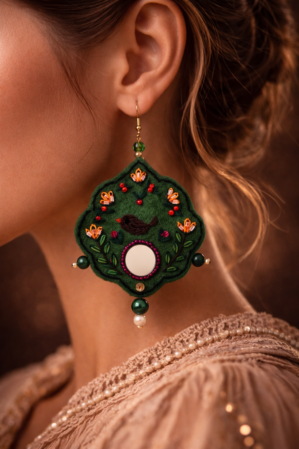 Chehcheh – The Song of Nature embroidered felt & Mirror earring 8cm length